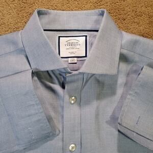 Charles Tyrwhitt Dress Shirt Size 17/35 Sky Blue Non-iron Richmond Weave Cutaway